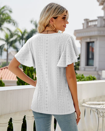 Eyelet Flutter Sleeve Round Neck Top