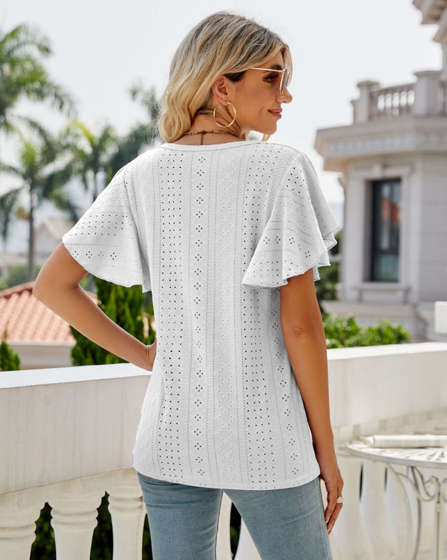 Eyelet Flutter Sleeve Round Neck Top