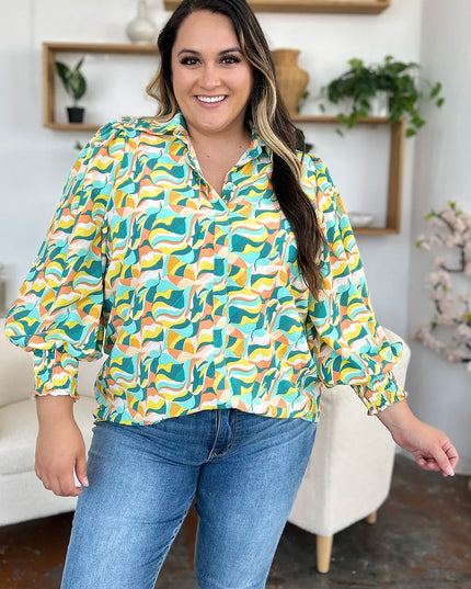 Double Take Full Size Printed Smocked Long Sleeve Blouse