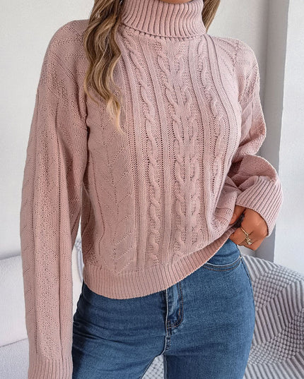 Cable-Knit Turtleneck Sweater Dusty Pink
