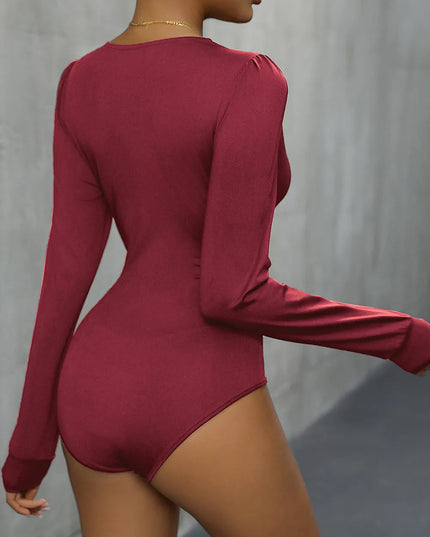 Perfee Lace Detail Plunge Long Sleeve Bodysuit