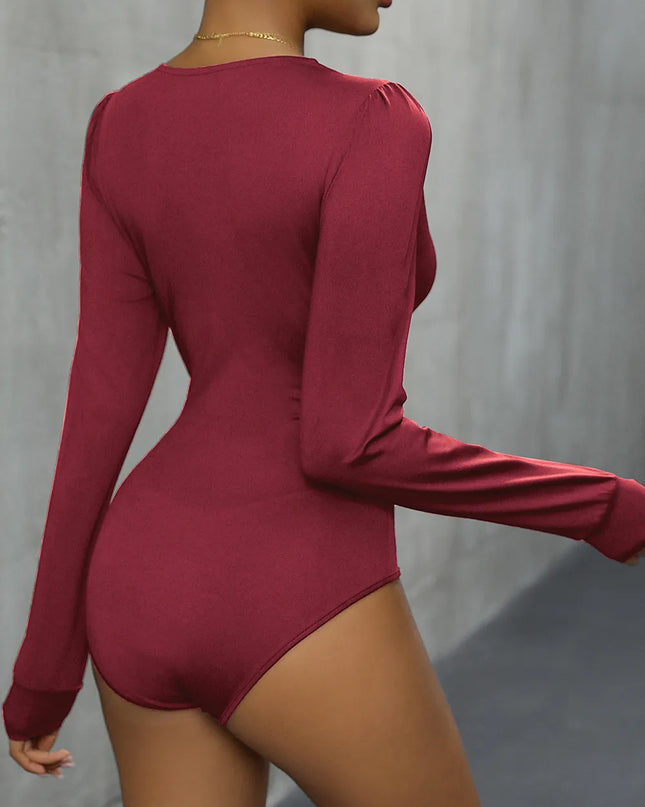 Perfee Lace Detail Plunge Long Sleeve Bodysuit
