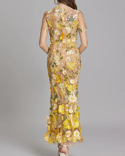 Floral Embroidered Mesh Overlay Maxi Dress