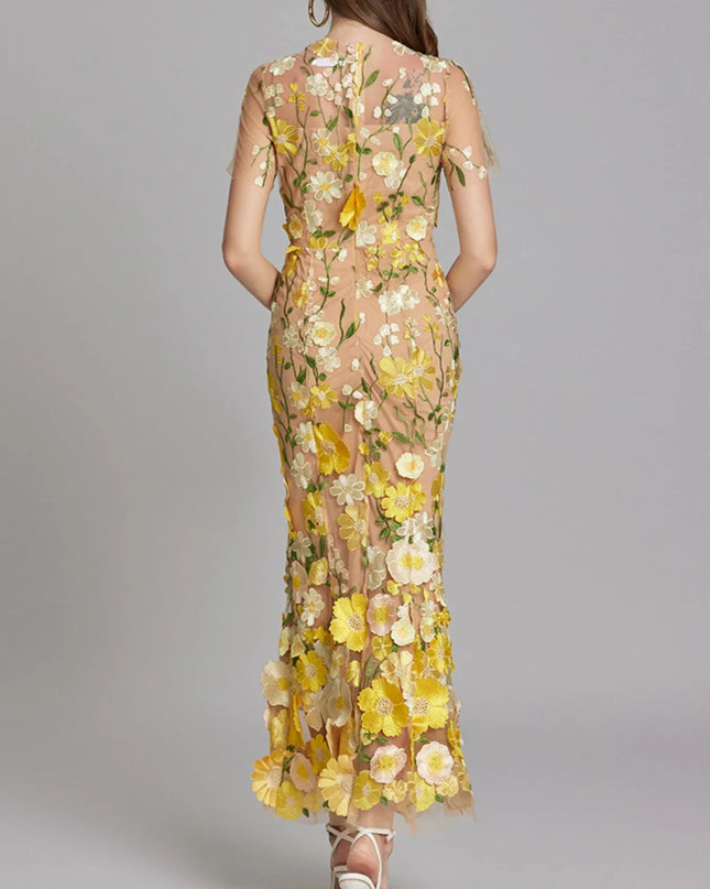 Floral Embroidered Mesh Overlay Maxi Dress