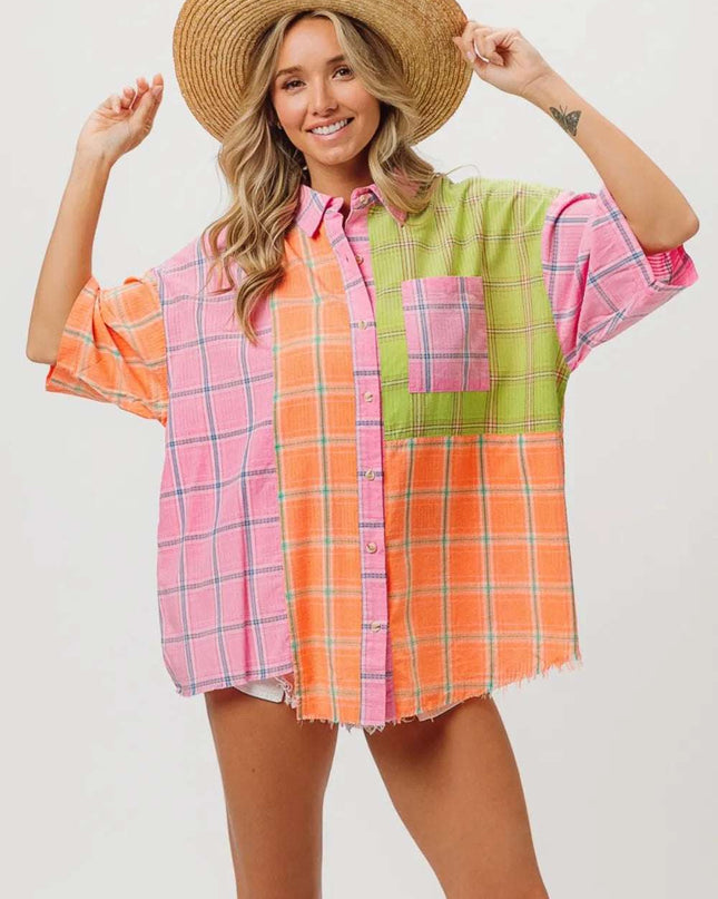 BiBi Plaid Collared Neck Half Sleeve Shirt Pink Peach Lime