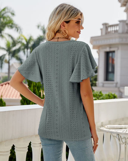 Eyelet Flutter Sleeve Round Neck Top