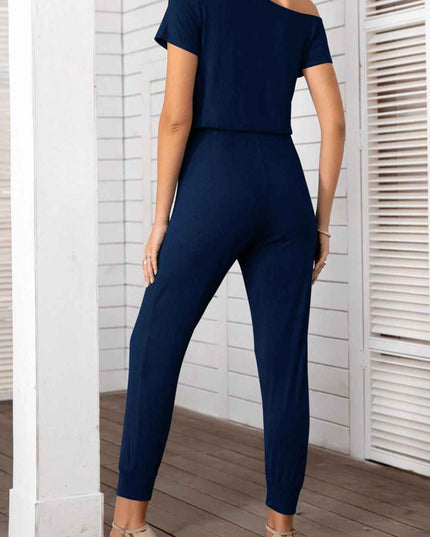 Asymmetrical Neck Short Sleeve Jumpsuit