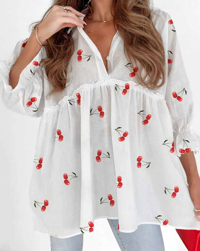 Cherry Print Flounce Sleeve Collared Frilled Babydoll Blouse