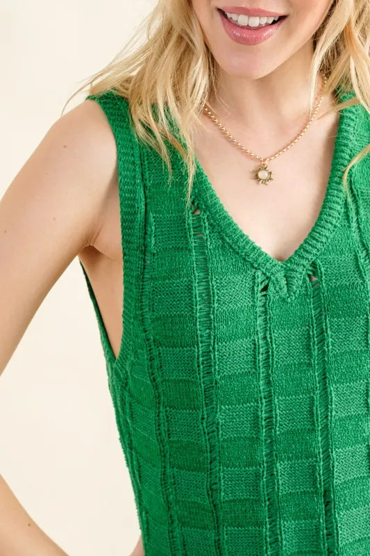 And The Why Checkerboard Drop-Needle Fringe Sleeveless Dress