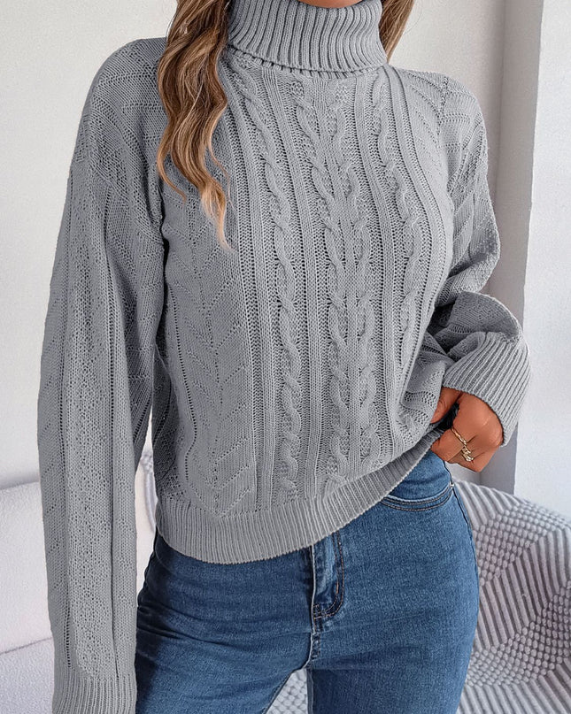 Cable-Knit Turtleneck Sweater Light Gray