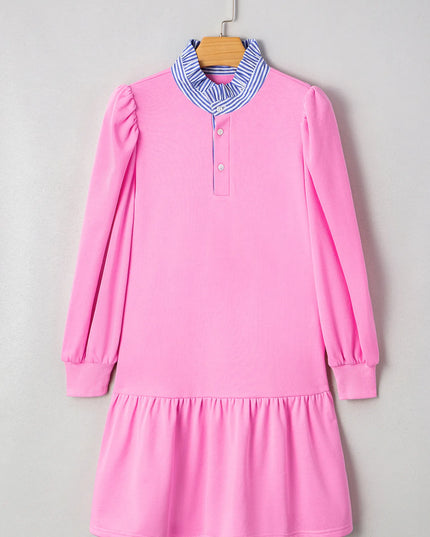 Contrast Striped Collar Patchwork Puff Sleeve Ruffle Hem Mini Dress