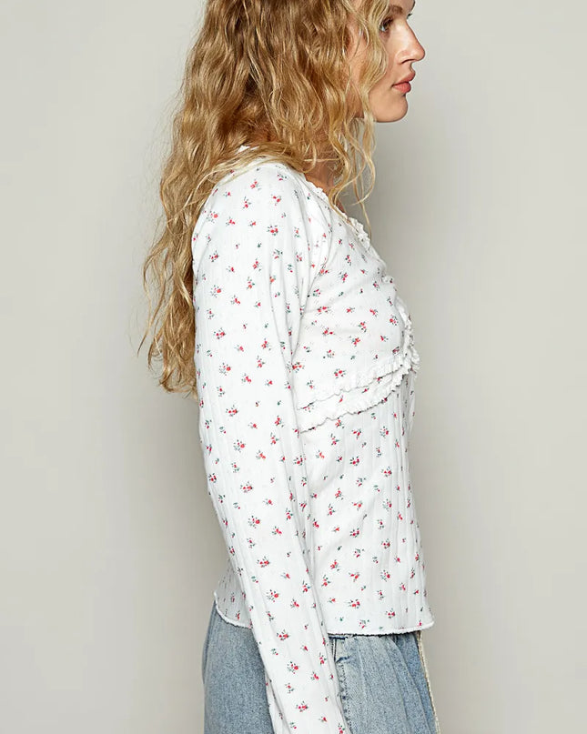 POL Floral V-Neck Long Sleeve T-Shirt 