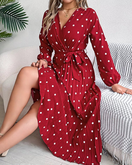 Front Tie Polka Dot Midi Pleated Dress