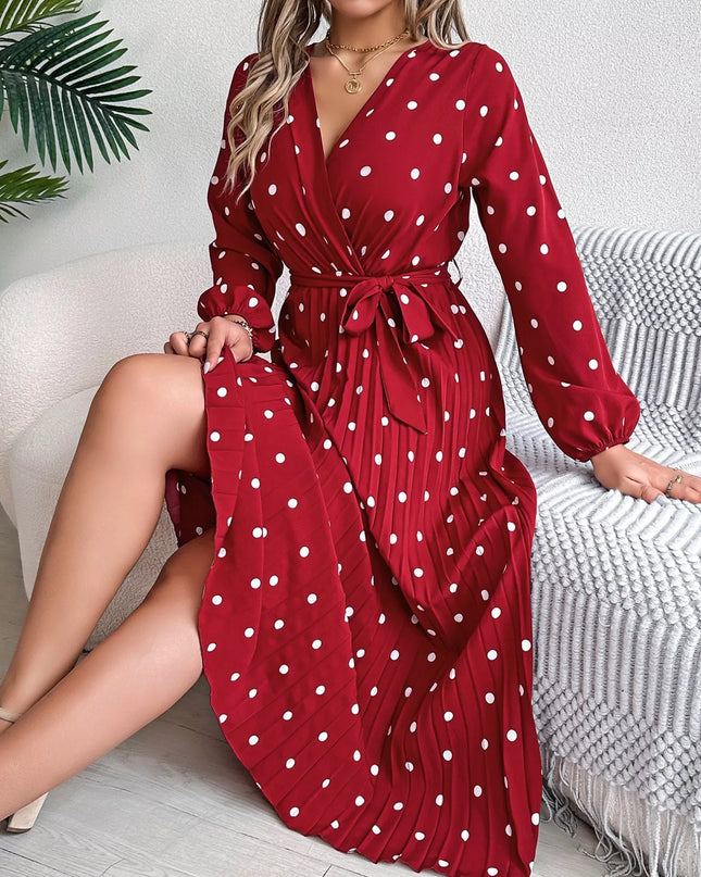 Front Tie Polka Dot Midi Pleated Dress
