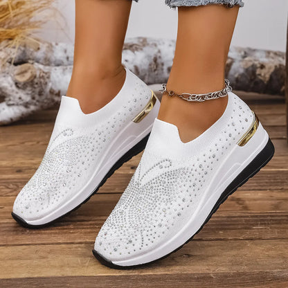 Rhinestone Wedge Sneakers White