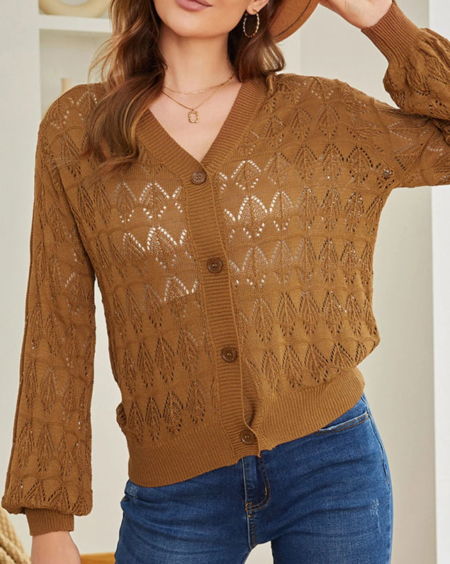 Openwork Button Up Cardigan Brown