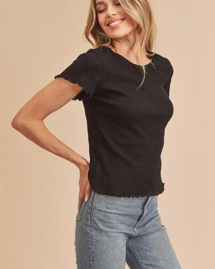 Aemi+Co Round Neck Lettuce Hem Short Sleeve T-Shirt