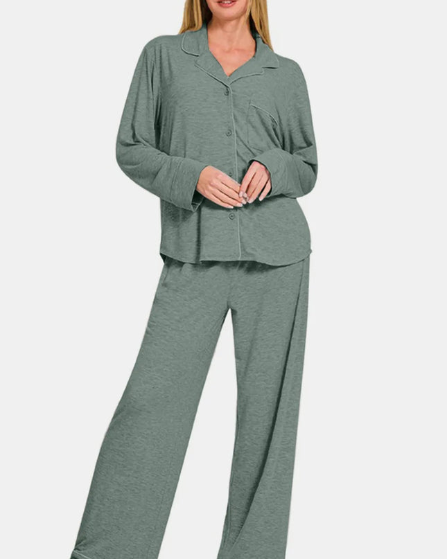 Zenana Button Down Long Sleeve Top and Pants Lounge Set