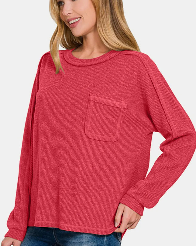 Zenana Full Size Contrast Stitching Brushed Ribbed Hacci Knit Top