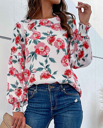 Perfee Floral Long Puff Sleeve Round Neck Blouse