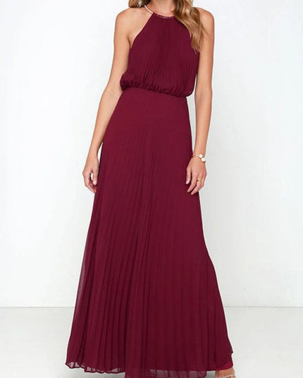 Pleated Sleeveless Maxi Tank Dress Burgundy