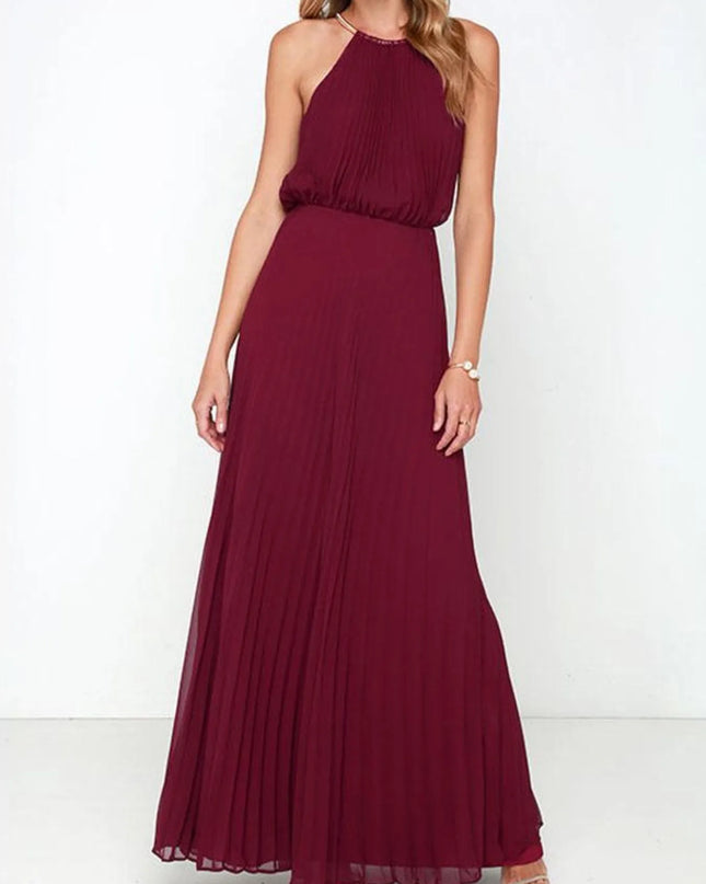 Pleated Sleeveless Maxi Tank Dress Burgundy