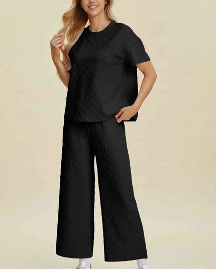 Double Take Full Size Texture Round Neck Short Sleeve Top and Pants Set