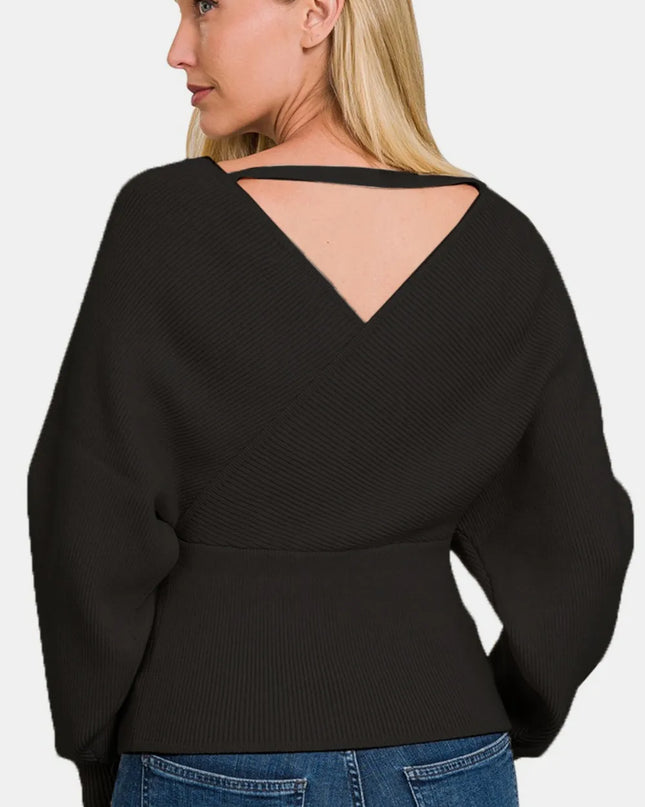 Zenana Cross Wrap Rib Long Sleeve Sweater