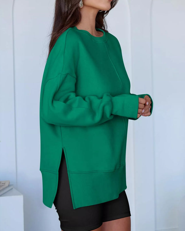 Side Slit Round Neck Long Sleeve Sweatshirt