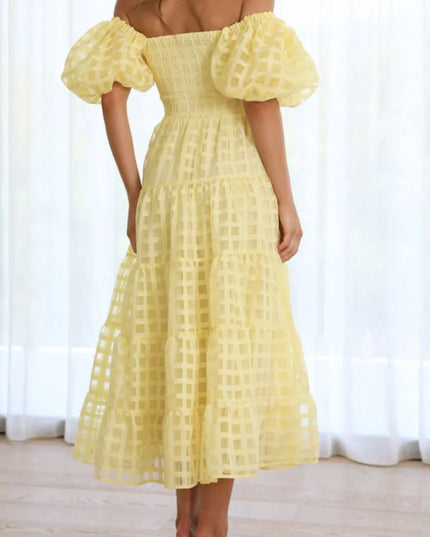 Off Shoulder Short Puff Sleeve Midi Dress