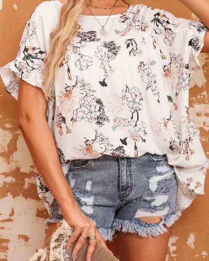 Floral Boat Neck Flounce Sleeve Blouse