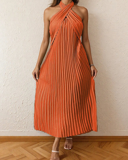 Pleated Halter Neck Midi Dress Orange