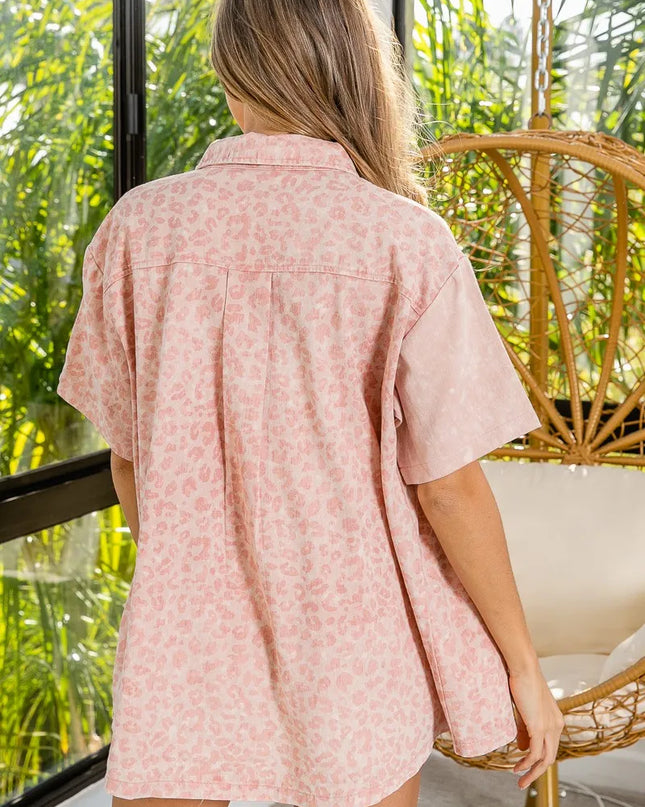 BiBi Mineral Washed Leopard Print Short Sleeve Shirt