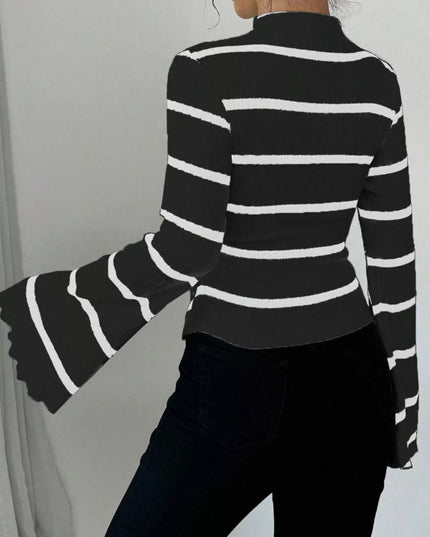 Striped Mock Neck Flare Sleeve Knit Top