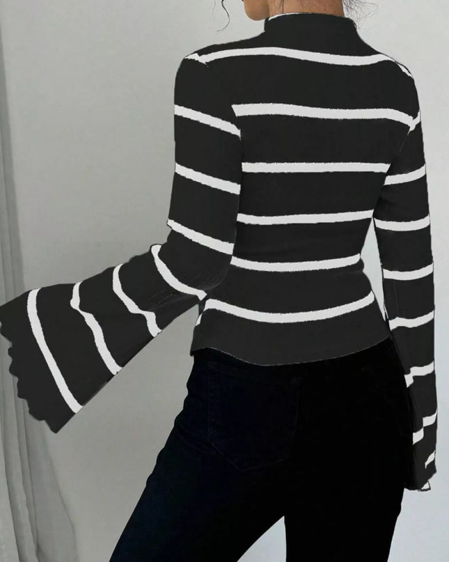 Striped Mock Neck Flare Sleeve Knit Top