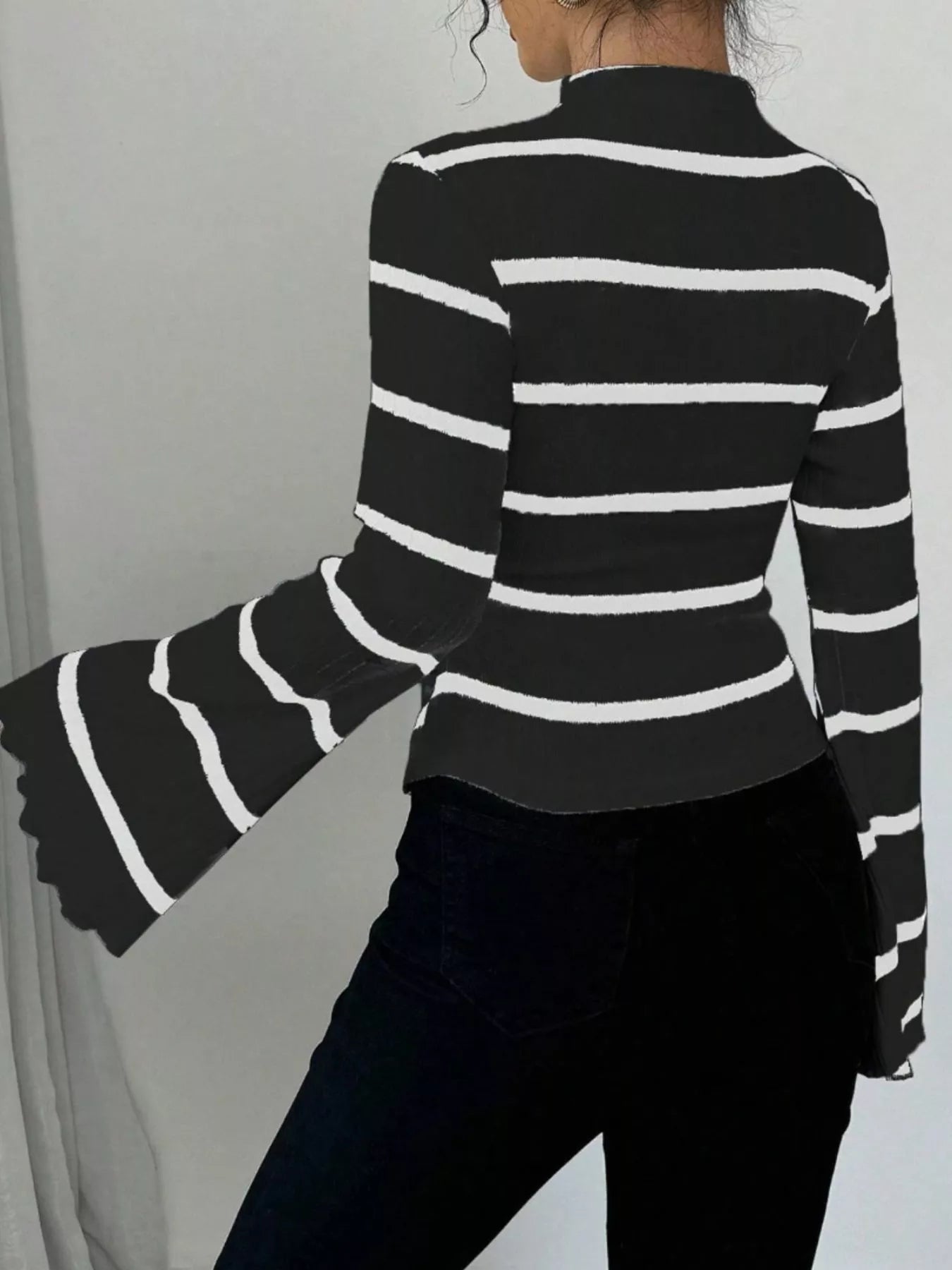 Striped Mock Neck Flare Sleeve Knit Top