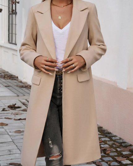 Devine Pocketed Collared Neck Long Sleeve Coat Tan