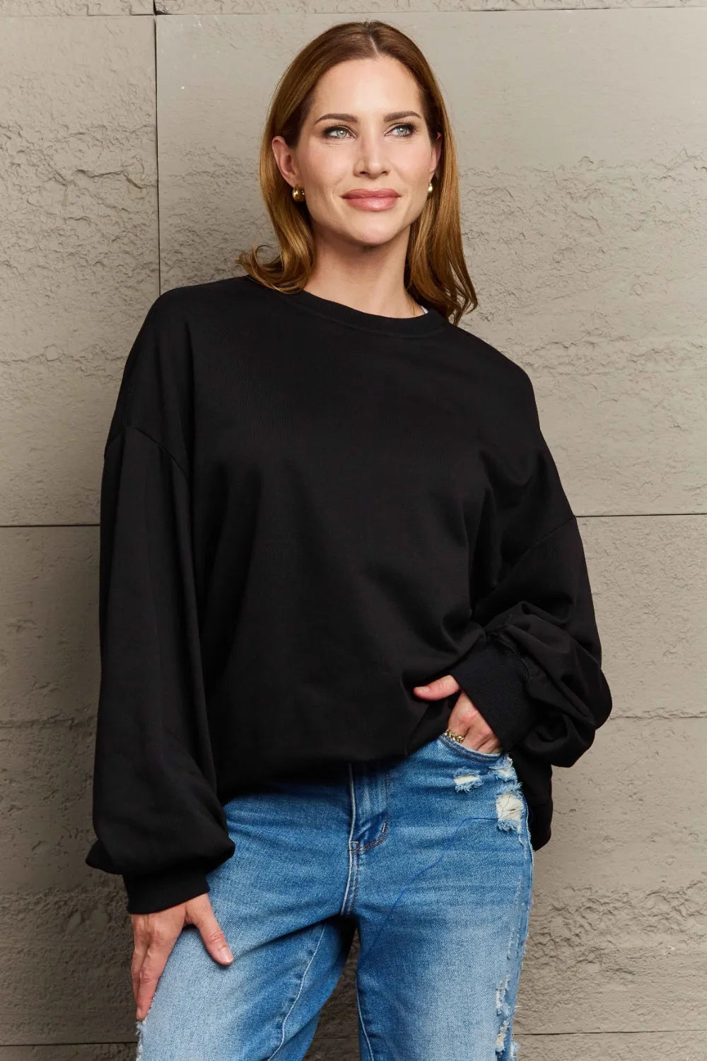 Full Size Round Neck Long Sleeve Sweatshirt Black