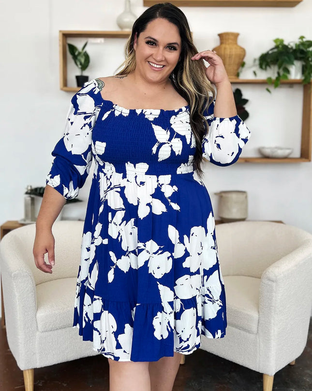 Double Take Full Size Floral Ruffle Hem Smocked Dress with Pockets