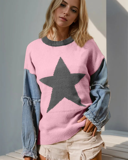 Double Take Full Size Star Pattern Raw Edge Long Sleeve Sweater Blush Pink