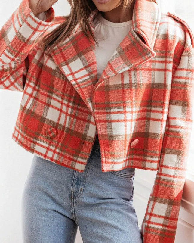 Lapel Collar Plaid Cropped Jacket