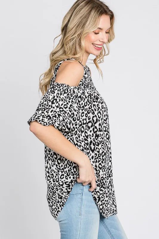 Heimish Full Size Leopard Round Neck Cold Shoulder T-Shirt Plus Size