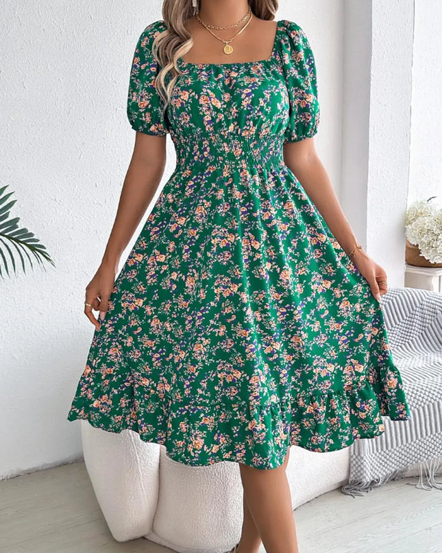Ruffled Hem Floral Puff Sleeve Dress