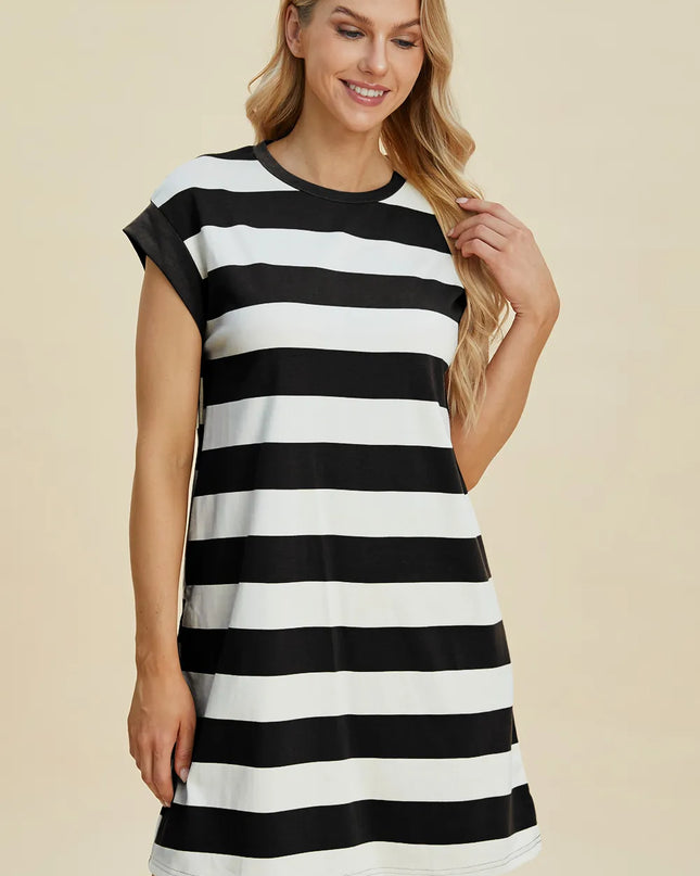Basic Bae Full Size Striped Round Neck Cap Sleeve Mini Dress