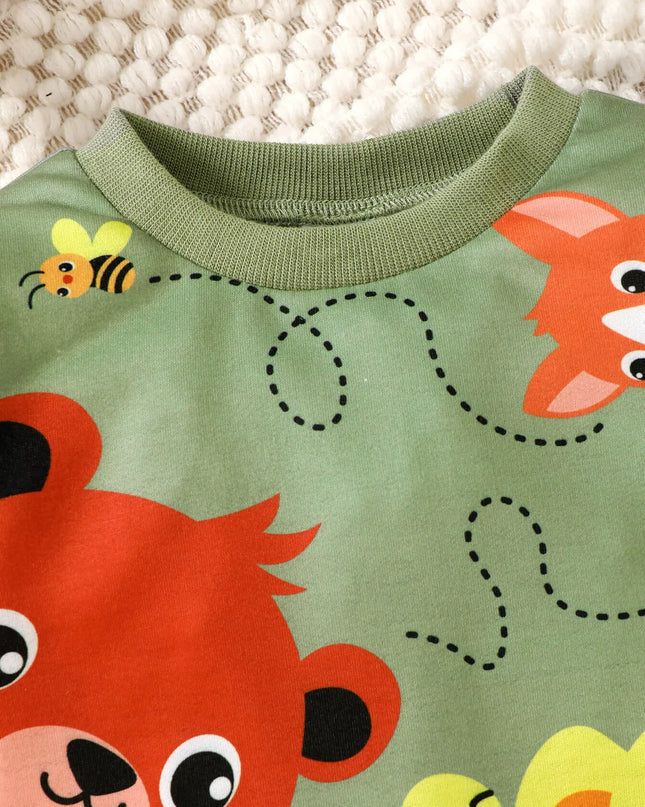 Children's Cartoon Animal Print Sweatshirt & Jeans Set
