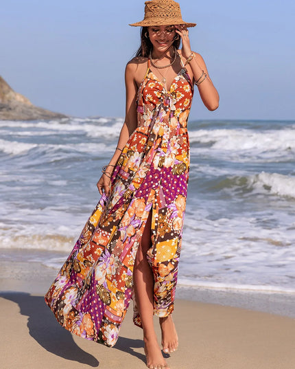 Slit Printed Halter Neck Cami Dress 