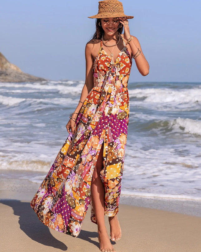 Slit Printed Halter Neck Cami Dress 