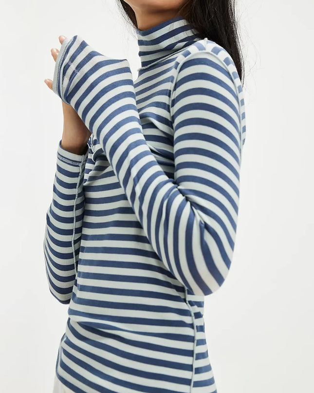 Exposed Seam Striped Turtleneck Long Sleeve T-Shirt