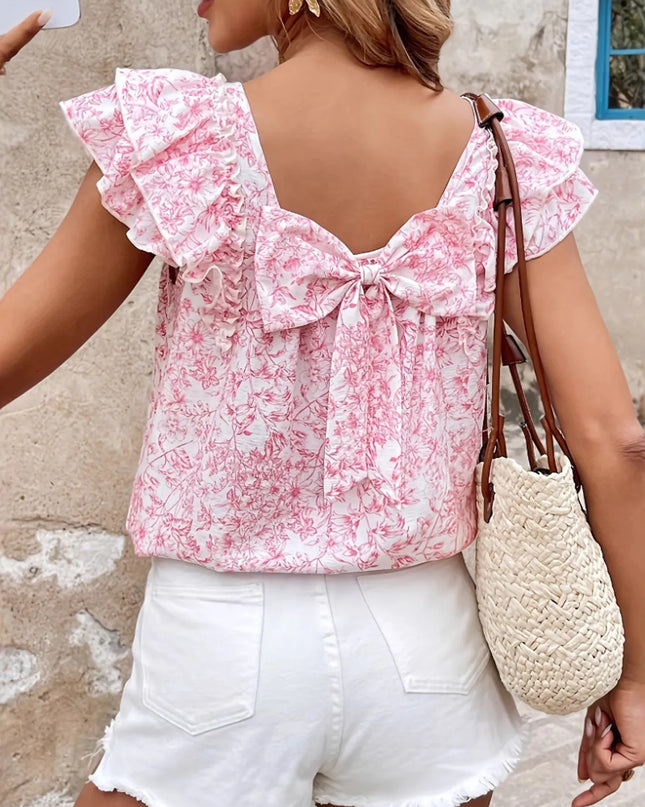 Bow Back Floral Print Ruffle Sleeve Blouse