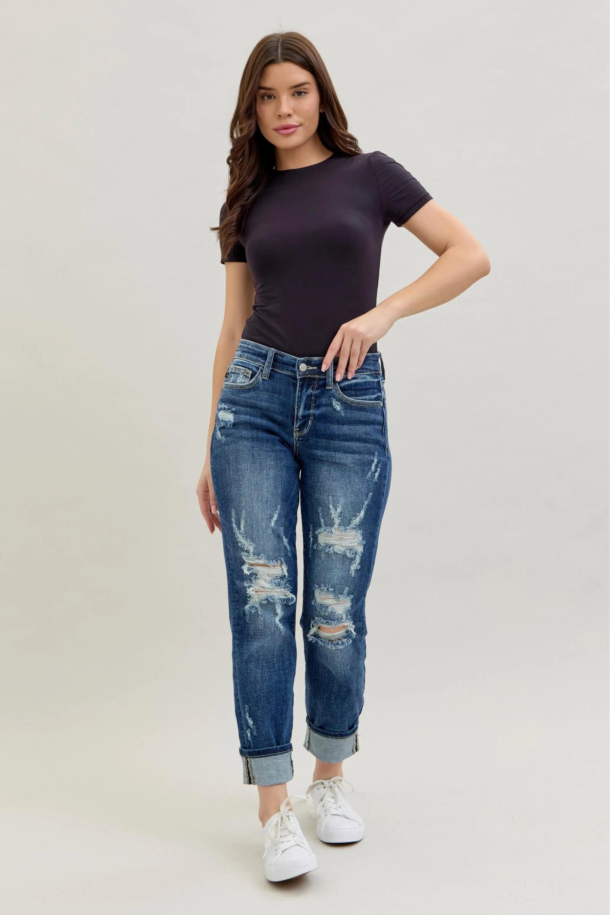 Judy Blue Full Size Mid Rise Cuffed Destroy Bf Jeans Plus Size